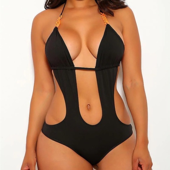 BLACK WITH ORANGE CHAIN HALTER MONOKINI - Picture 1 of 3